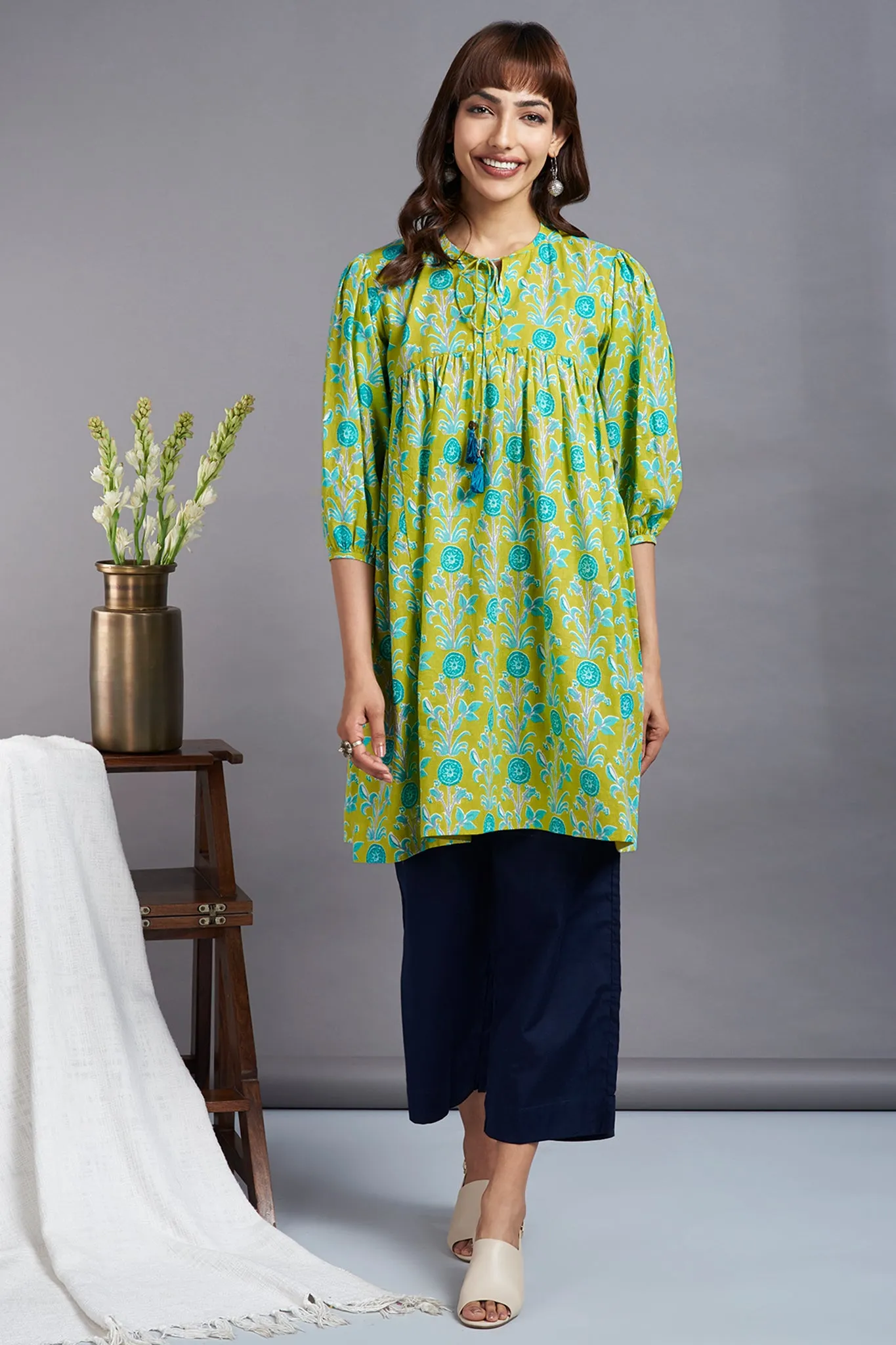 boho loose sleeve top - refreshing lime & enchanting botanics