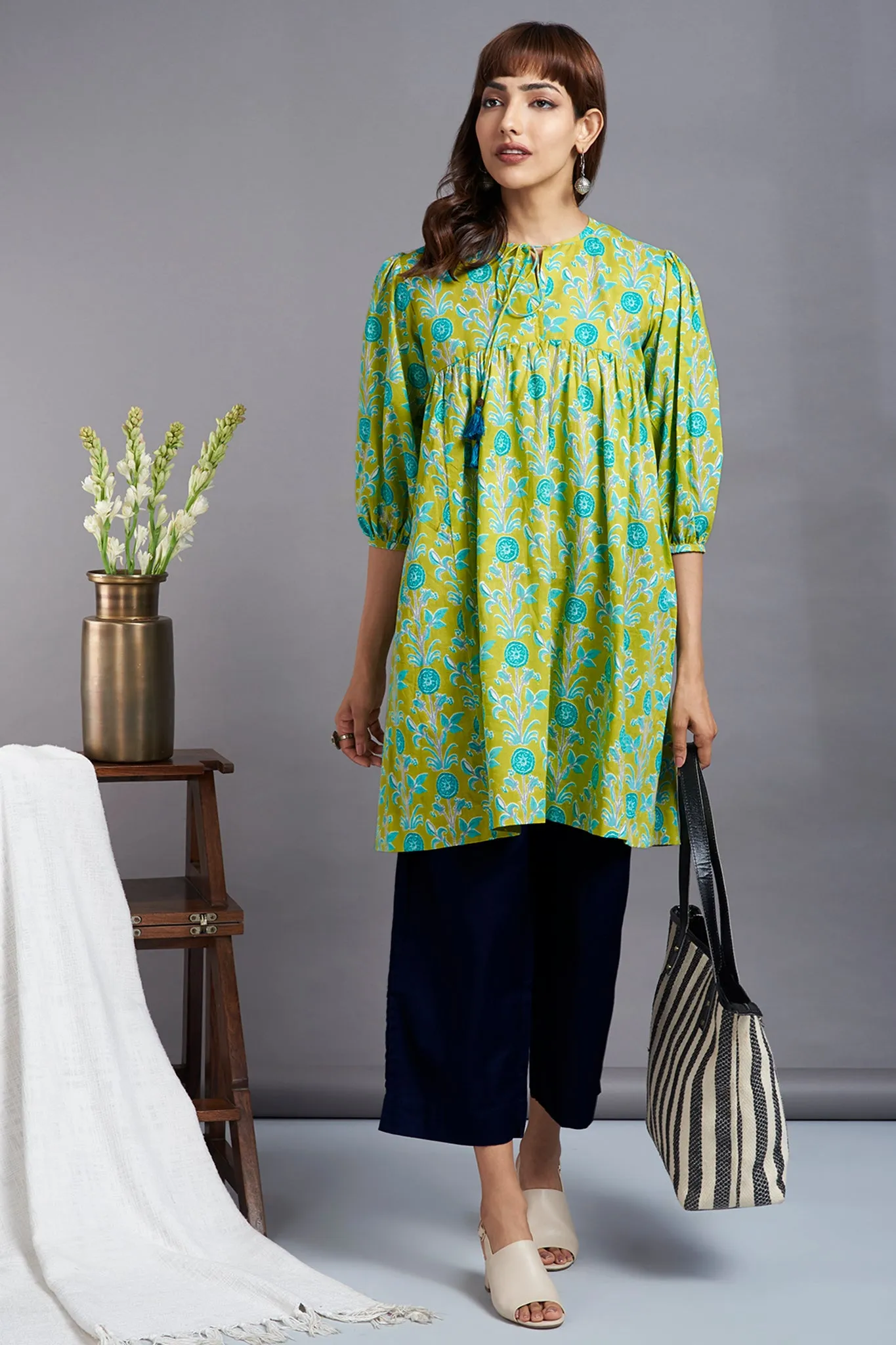 boho loose sleeve top - refreshing lime & enchanting botanics