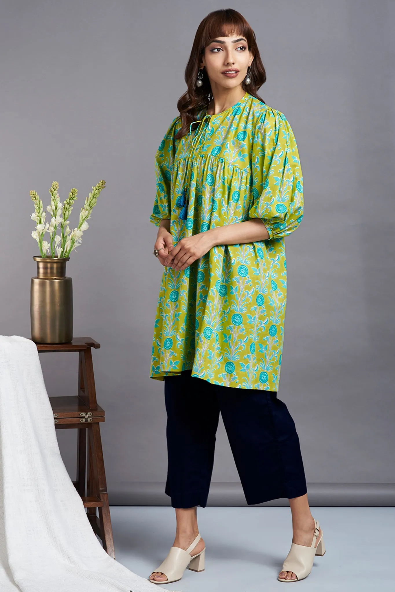 boho loose sleeve top - refreshing lime & enchanting botanics