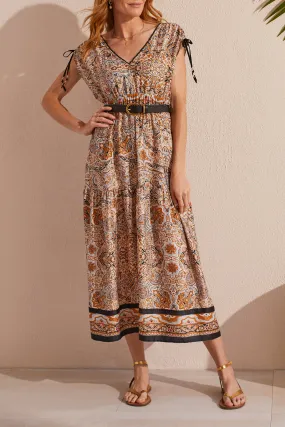 Border Print Maxi Dress With Shoulder Ties