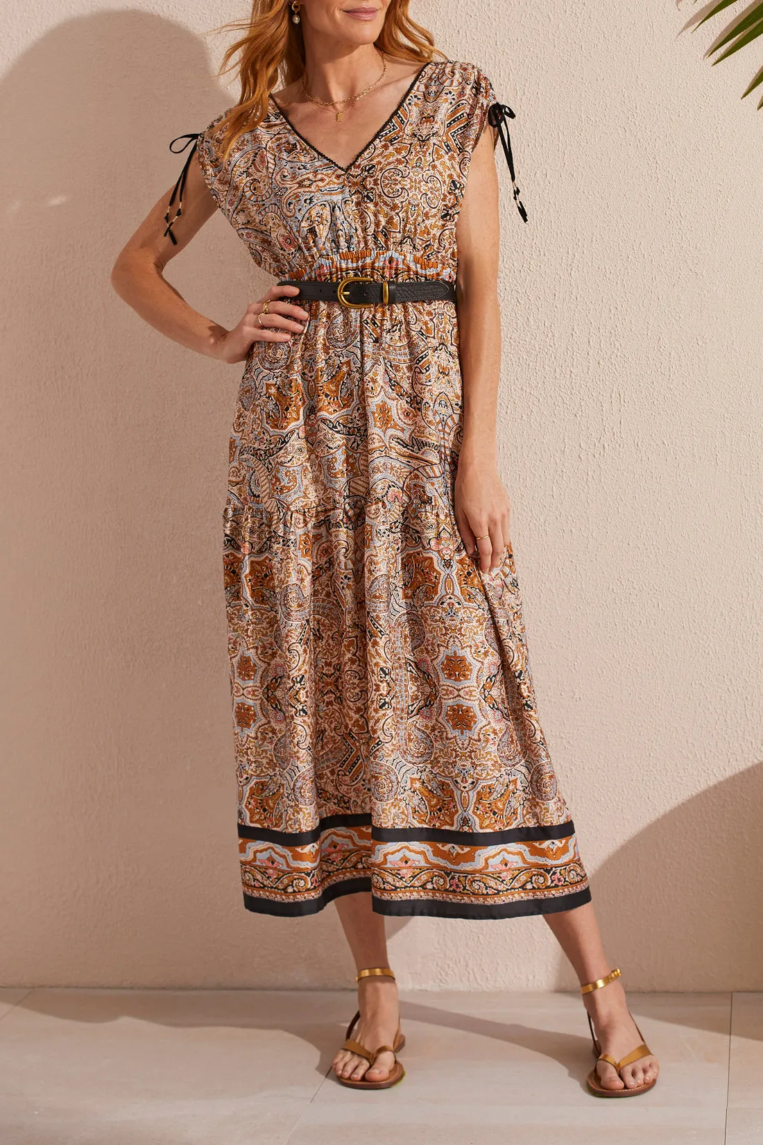 Border Print Maxi Dress With Shoulder Ties