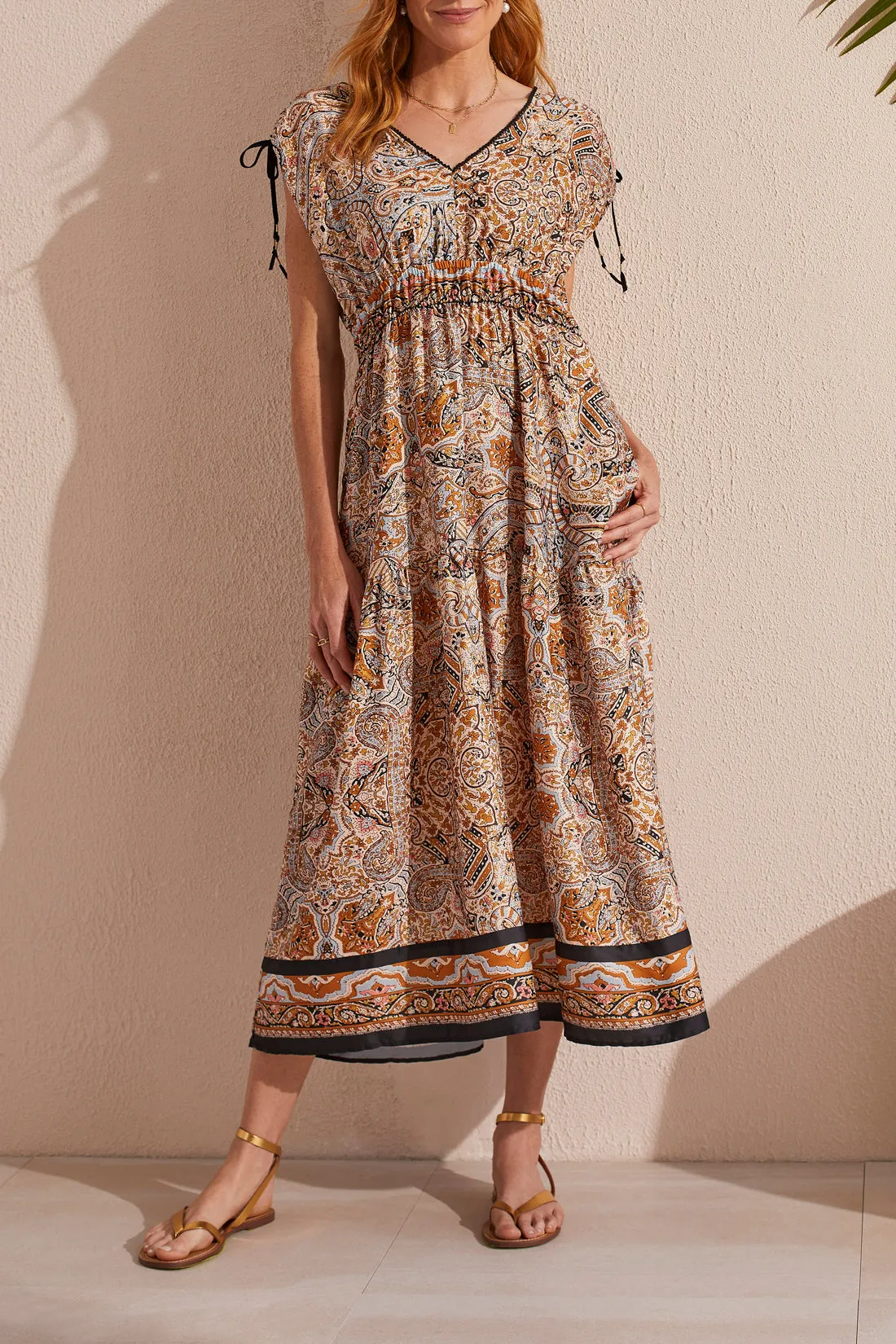 Border Print Maxi Dress With Shoulder Ties