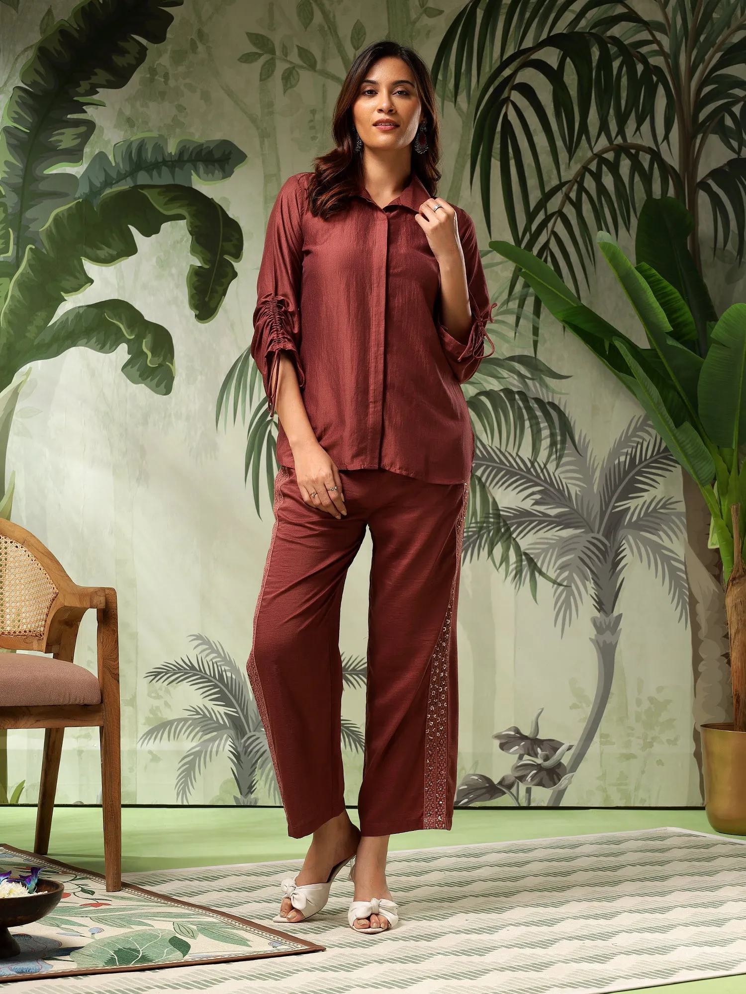 Brown Silk Blend Co-ord Set with Embroidered Trousers | Women's 2-Piece Shirt and Trouser Outfit | Casual Wear