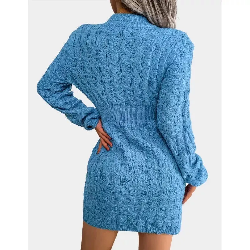 Cable Knit Blue Sweater Dress Crew Neck