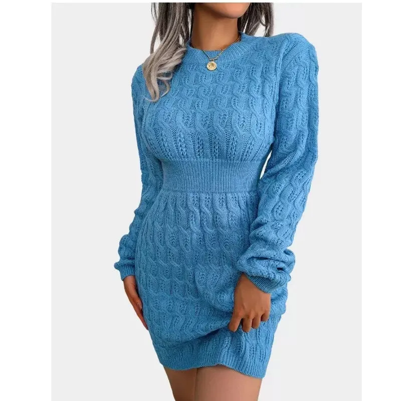 Cable Knit Blue Sweater Dress Crew Neck