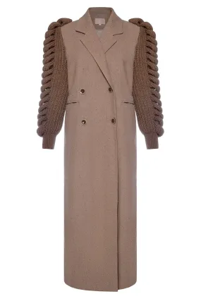 CAMEL DOUBLE-BREASTED KNITTED SLEEVES COAT