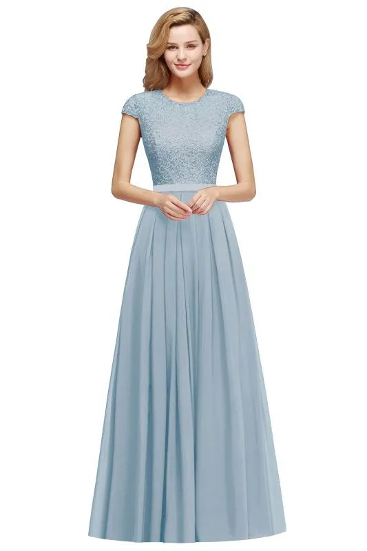 Cap Sleeves Elegant Aline Bridesmaid Dress Crew Neck Lace Chiffon Wedding Guest Dress