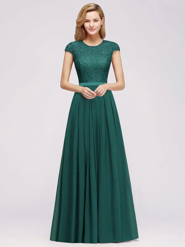 Cap Sleeves Elegant Aline Bridesmaid Dress Crew Neck Lace Chiffon Wedding Guest Dress