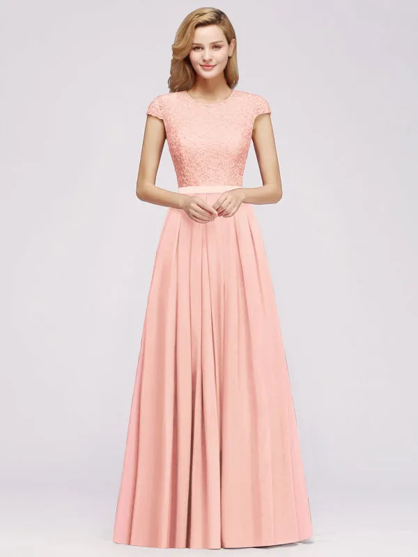 Cap Sleeves Elegant Aline Bridesmaid Dress Crew Neck Lace Chiffon Wedding Guest Dress