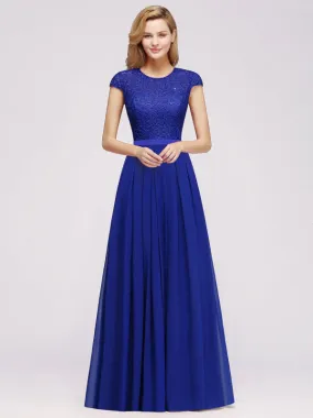 Cap Sleeves Elegant Aline Bridesmaid Dress Crew Neck Lace Chiffon Wedding Guest Dress