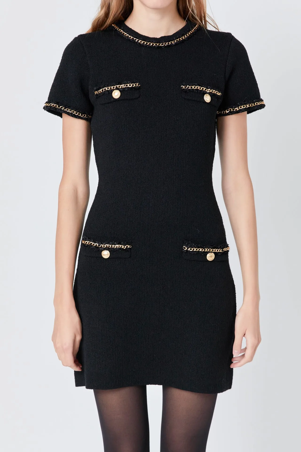 Chain Trimmed Short Sleeve Sweater Dress