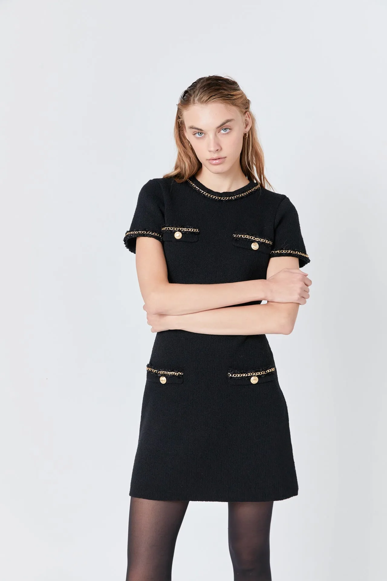 Chain Trimmed Short Sleeve Sweater Dress