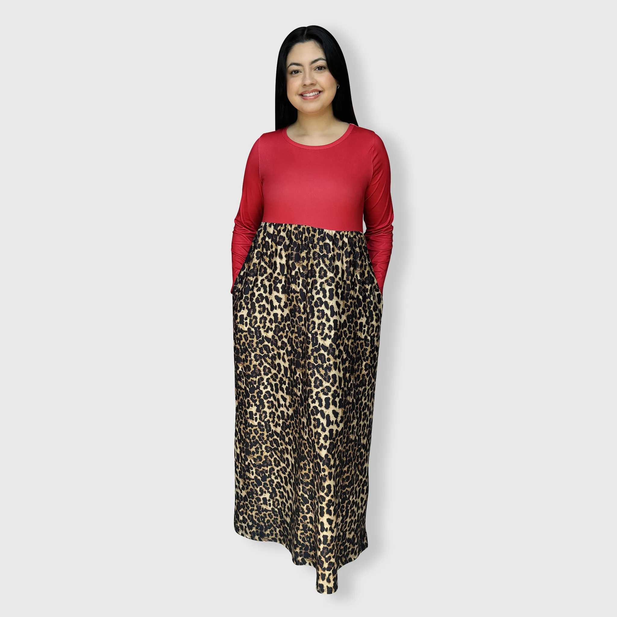 Cheetah Red Long Sleeve Maxi Dress Women