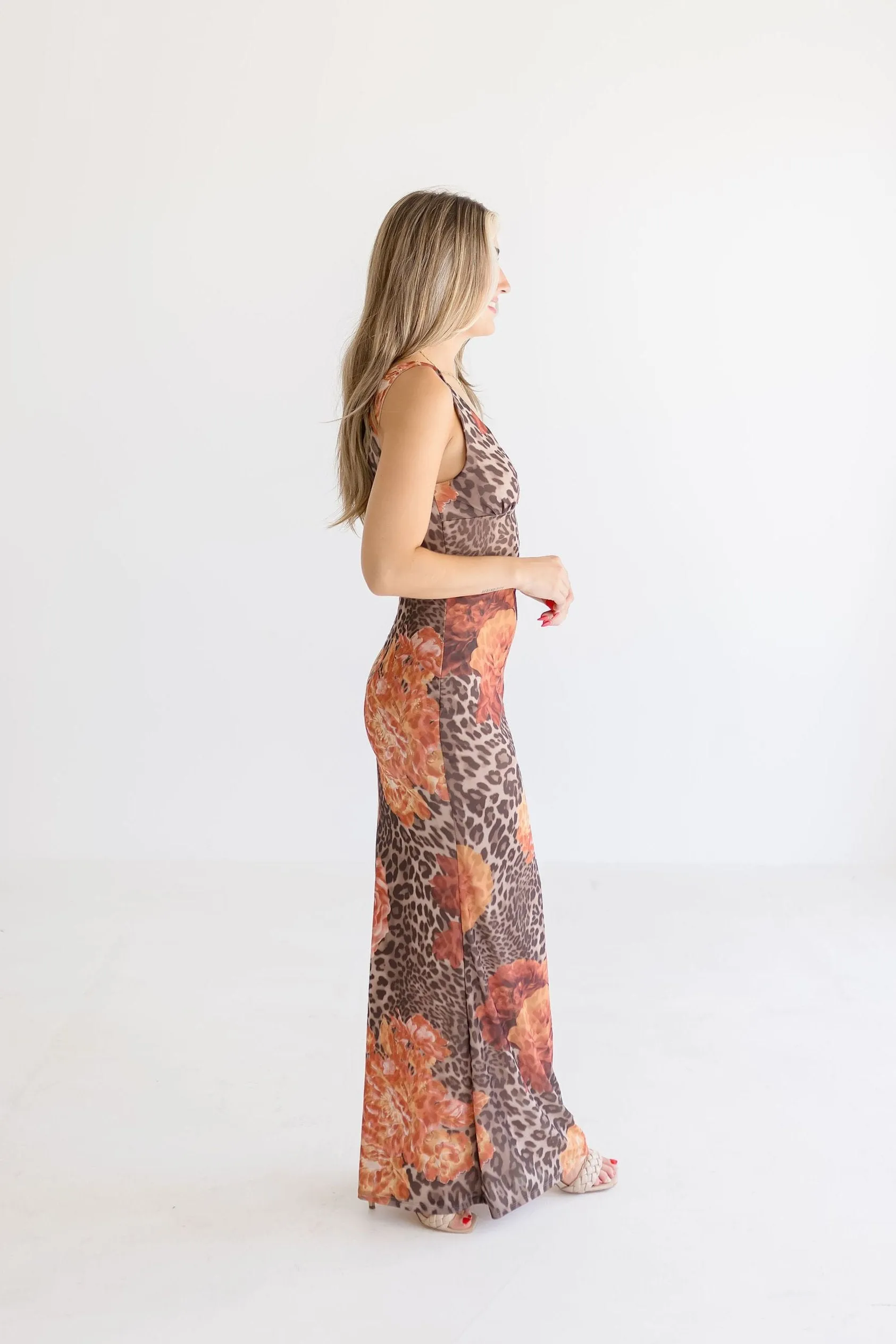 Christine Sleeveless Leopard Floral Print Maxi Dress Brown