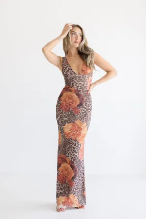 Christine Sleeveless Leopard Floral Print Maxi Dress Brown