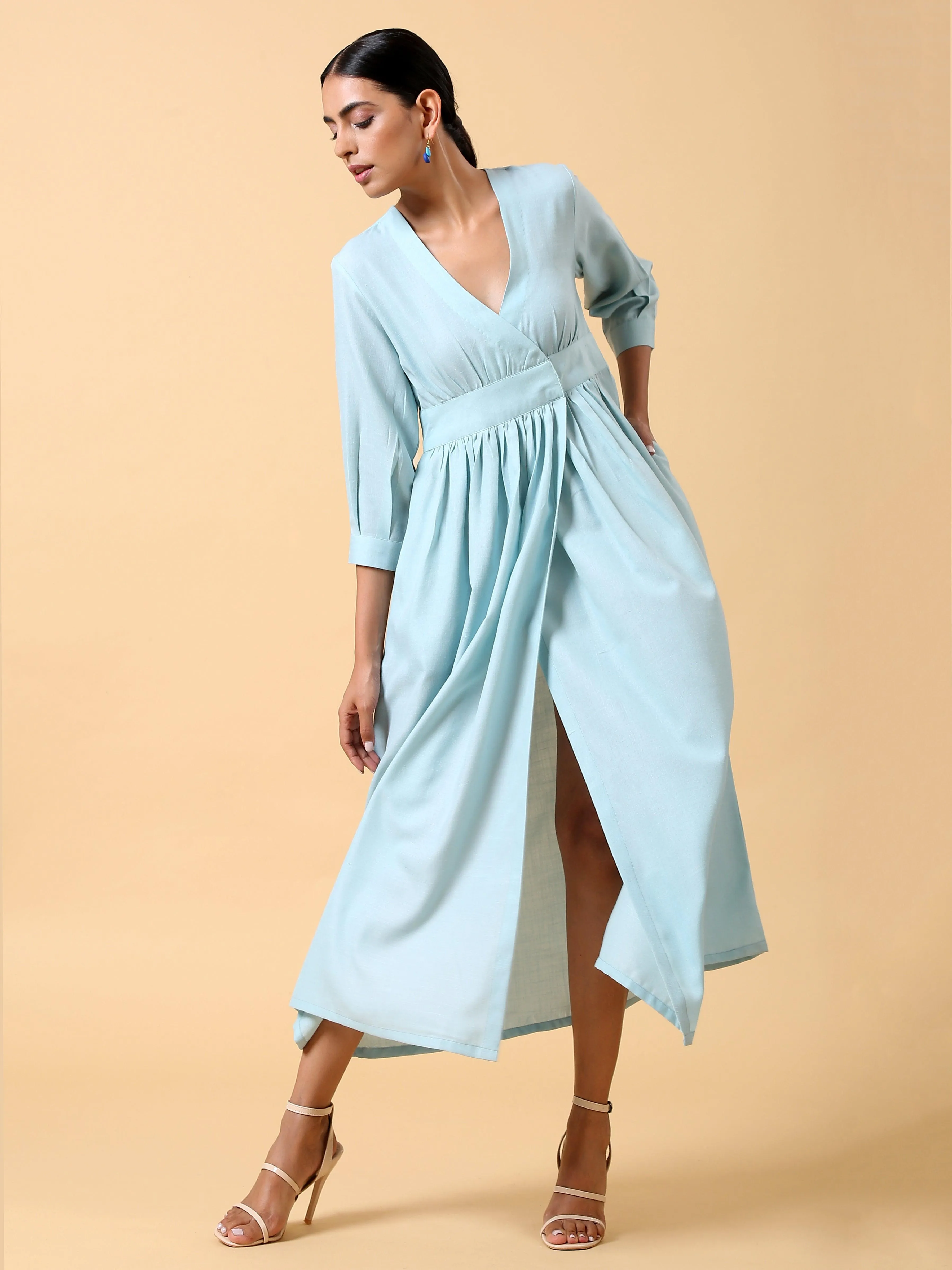 Cotton Linen Light Blue Wrap Dress