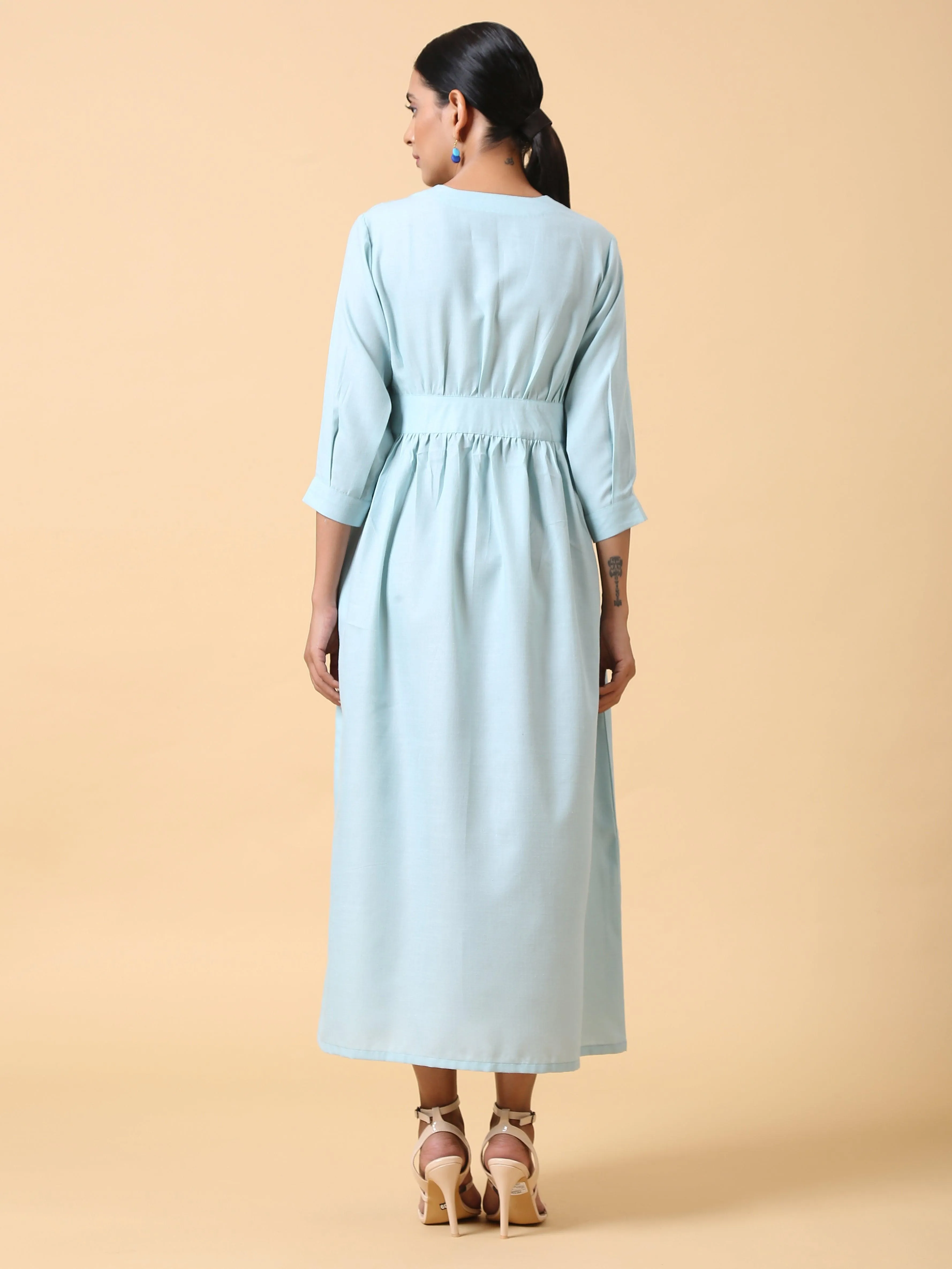 Cotton Linen Light Blue Wrap Dress