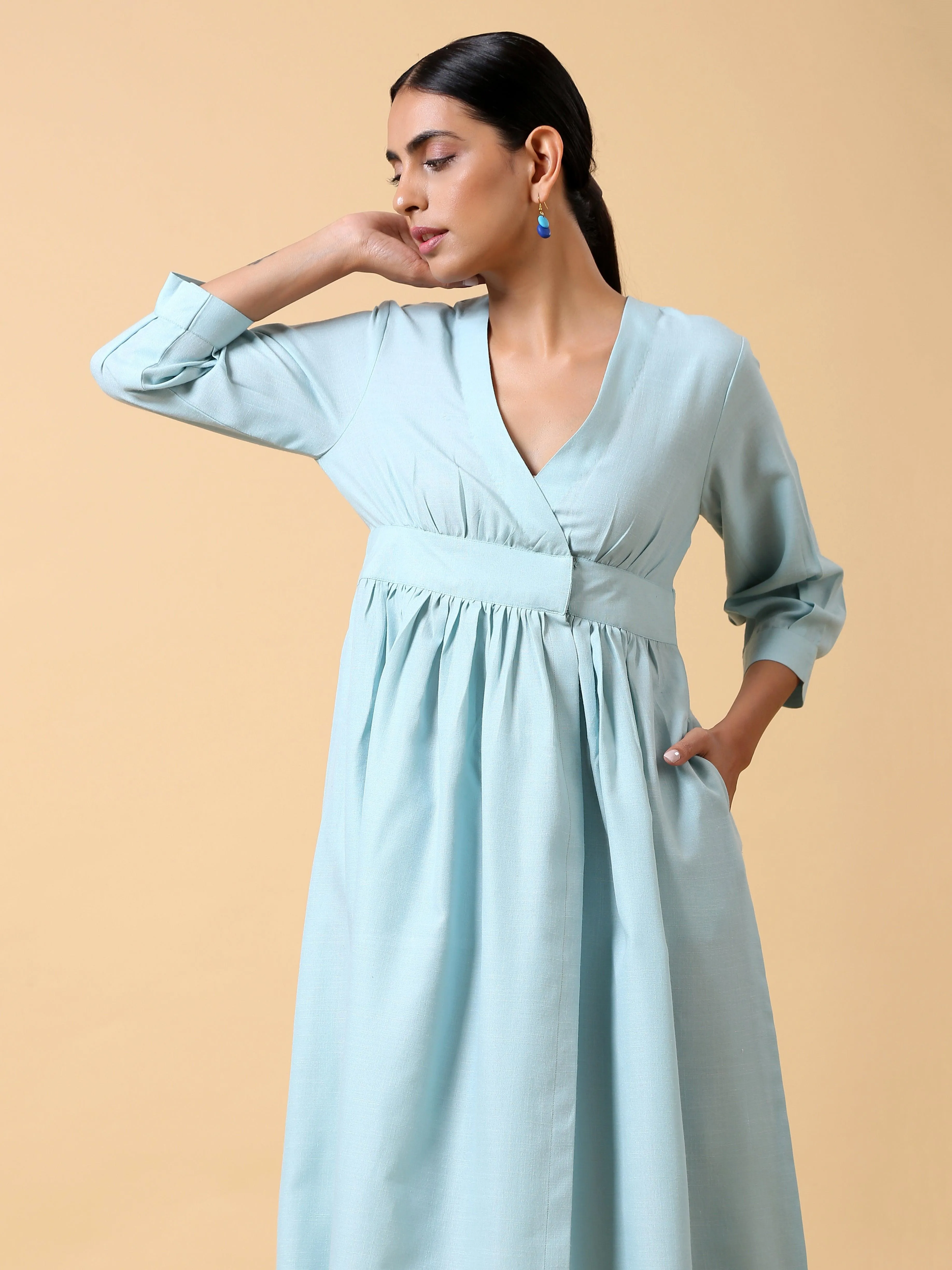 Cotton Linen Light Blue Wrap Dress