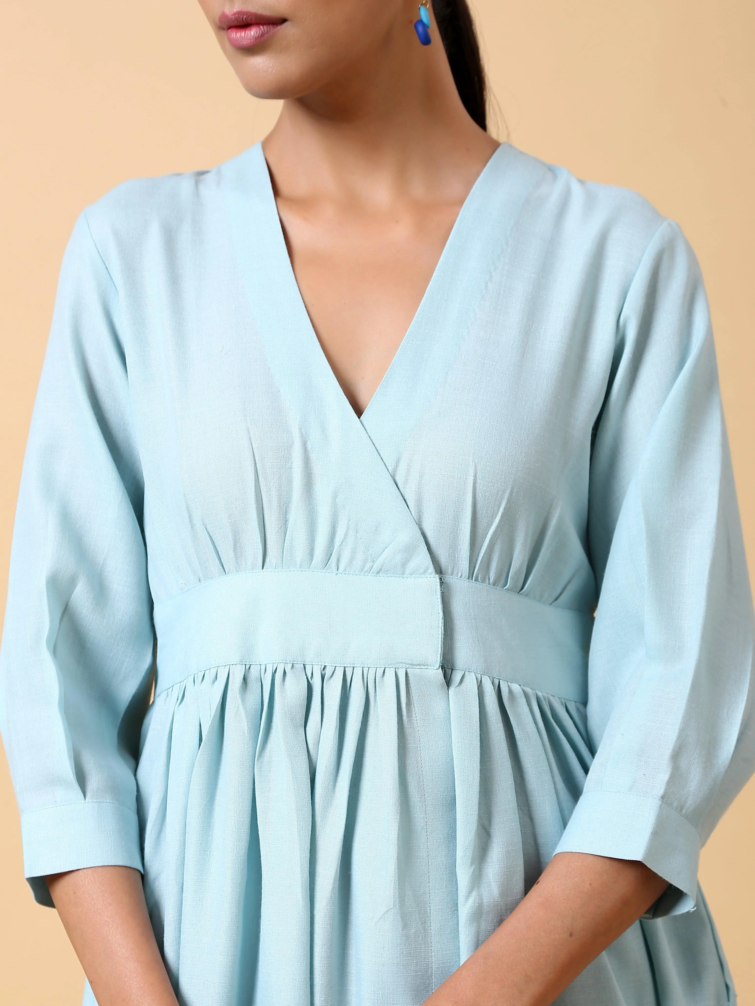 Cotton Linen Light Blue Wrap Dress