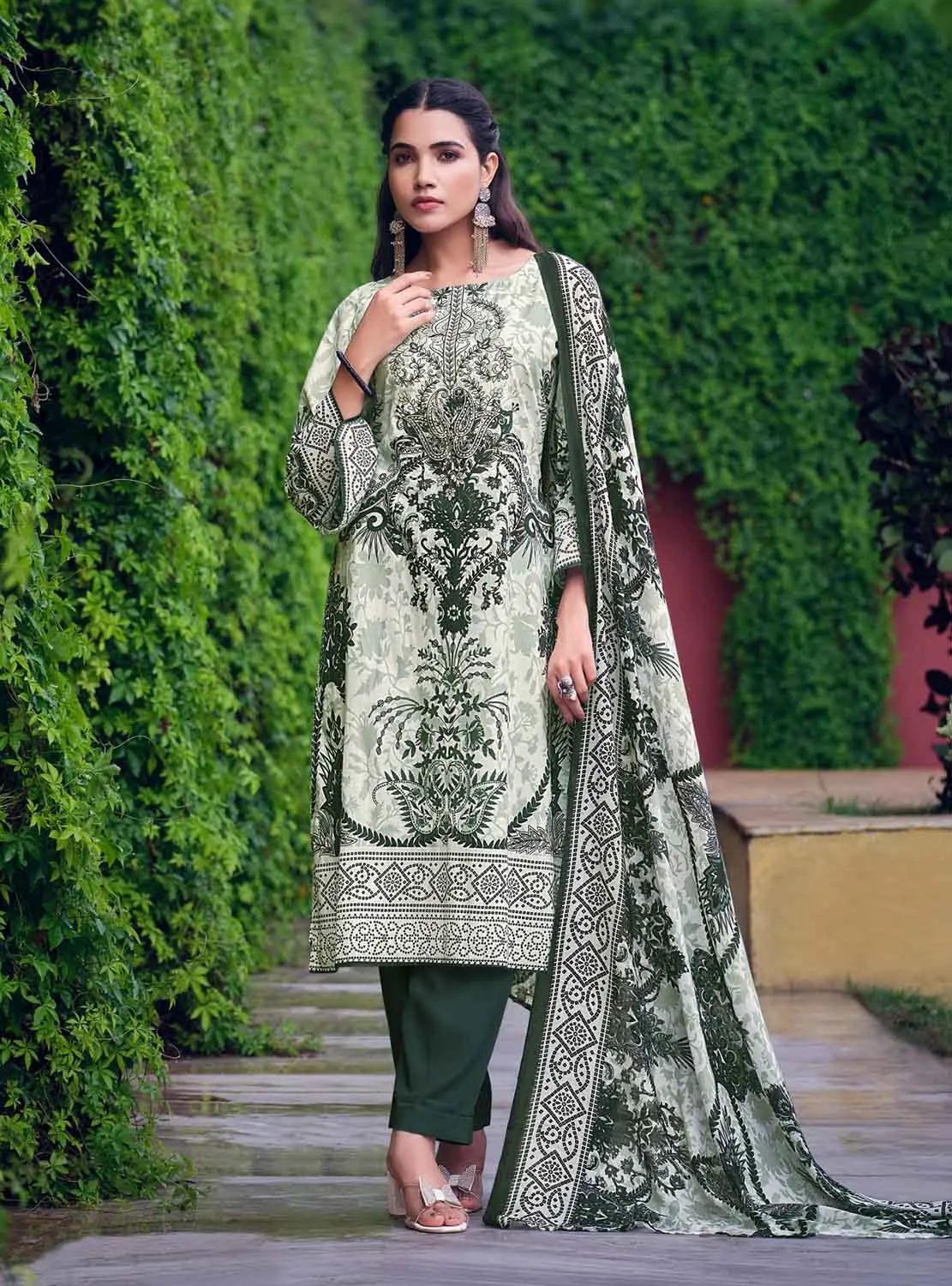 Cotton Pakistani Print Unstitched Women Suit with Embroidery Green