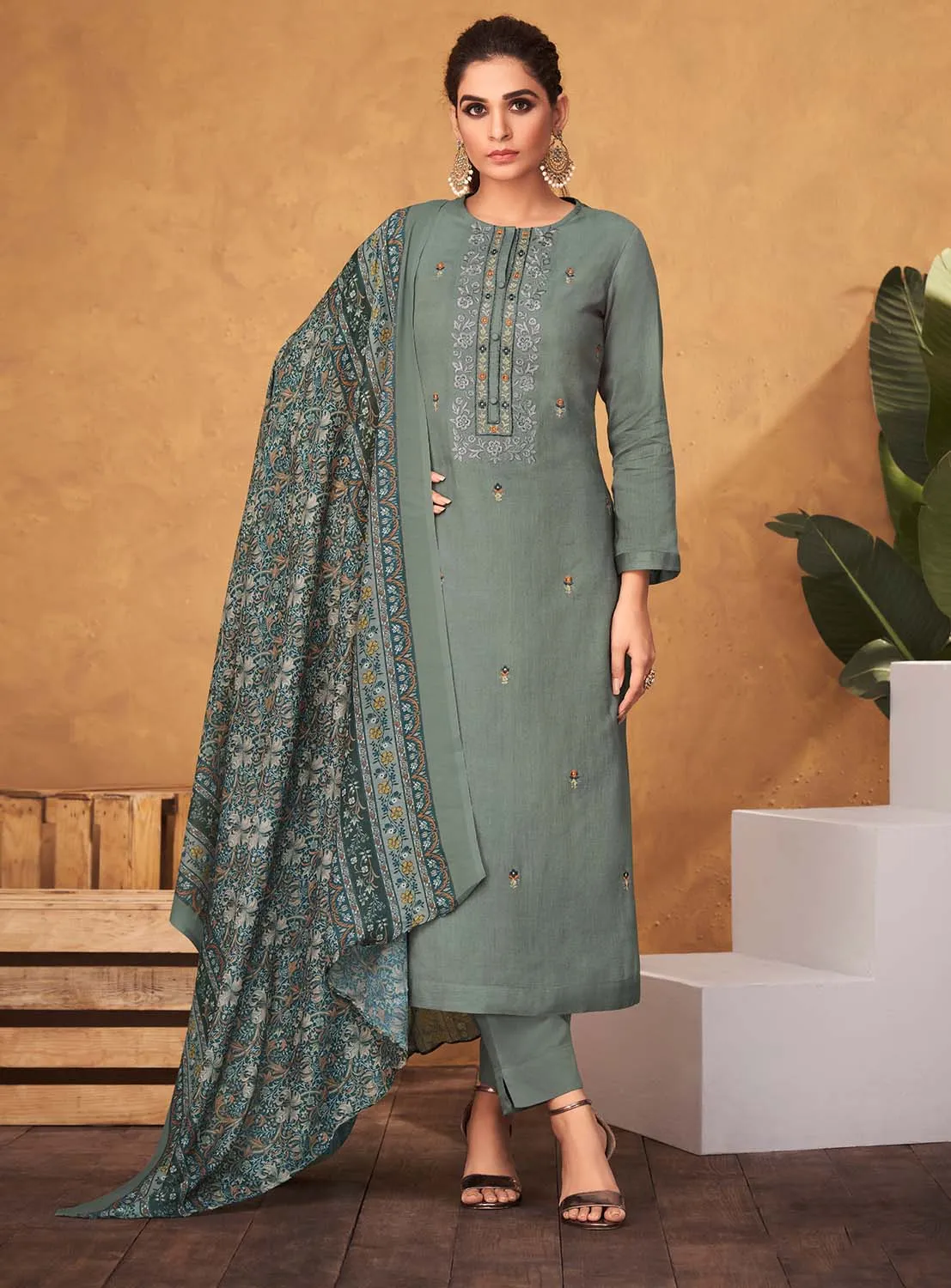 Cotton Satin Grey Unstitched Salwar Suit Dress Material for Ladies