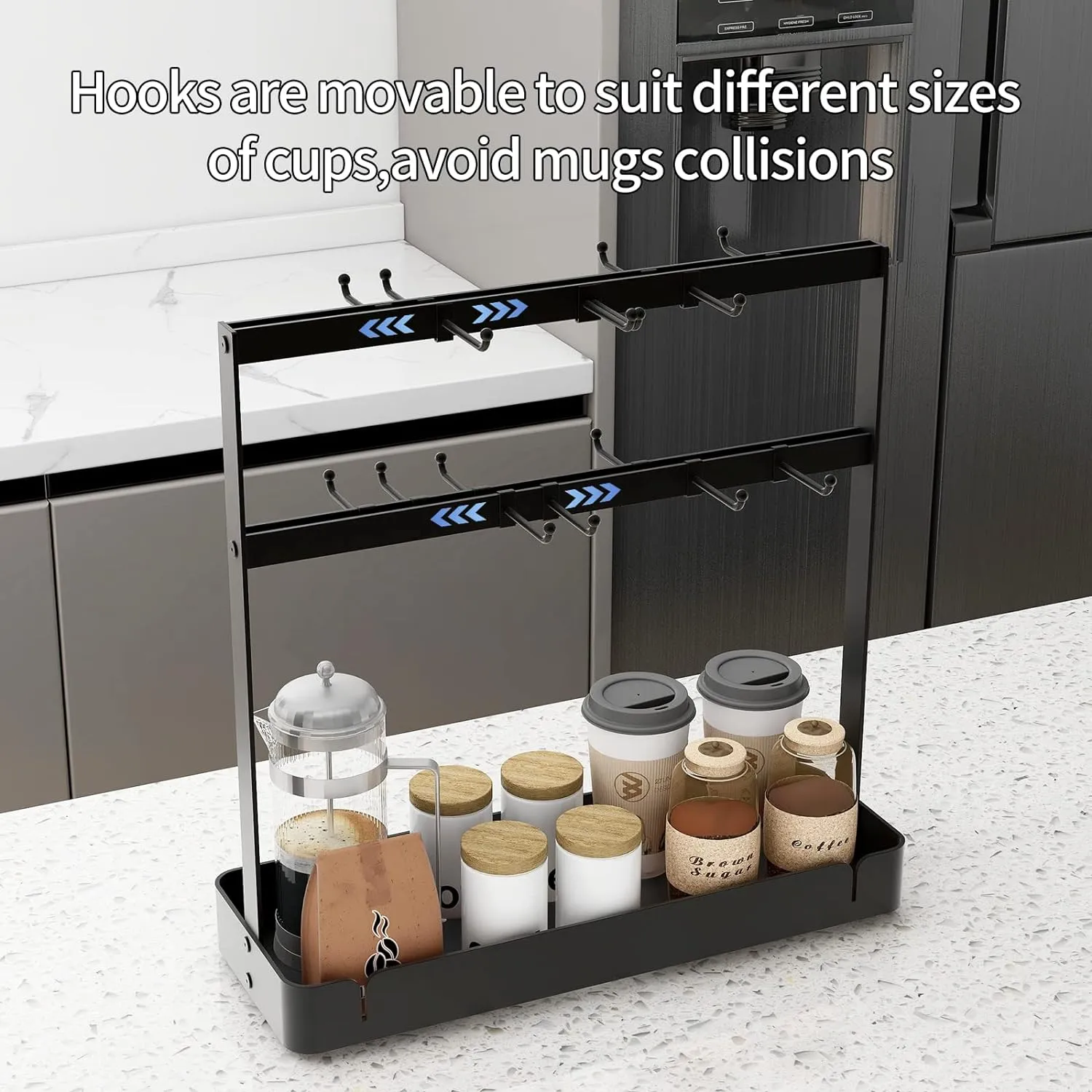 Countertop Coffee Cup Holder with Movable Hooks for 16 Mugs, 2-Tier Rack with Storage Base