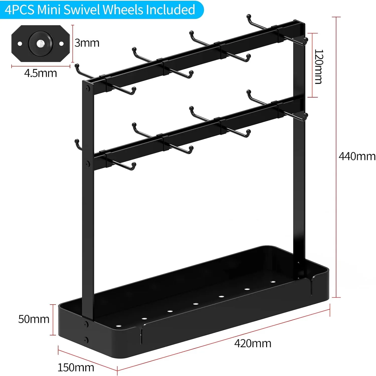 Countertop Coffee Cup Holder with Movable Hooks for 16 Mugs, 2-Tier Rack with Storage Base