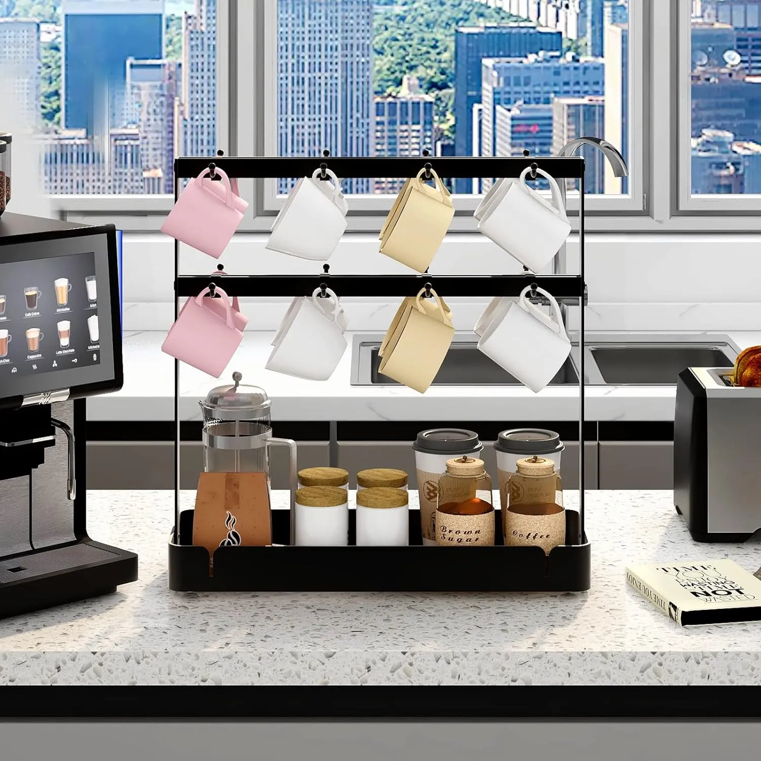 Countertop Coffee Cup Holder with Movable Hooks for 16 Mugs, 2-Tier Rack with Storage Base