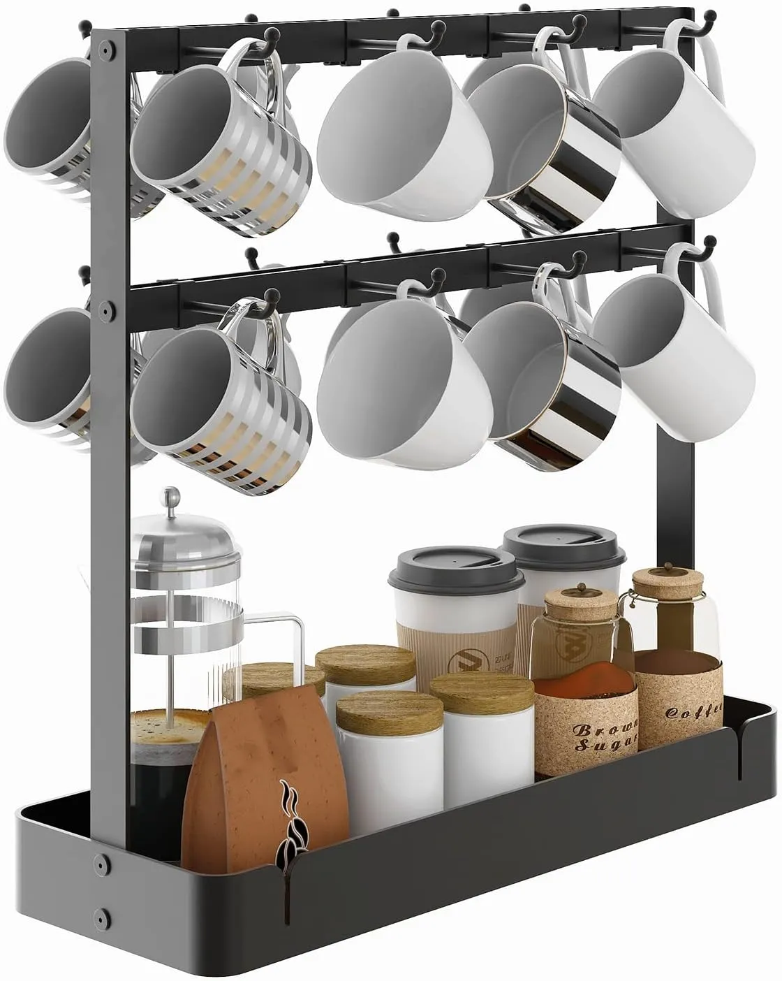 Countertop Coffee Cup Holder with Movable Hooks for 16 Mugs, 2-Tier Rack with Storage Base