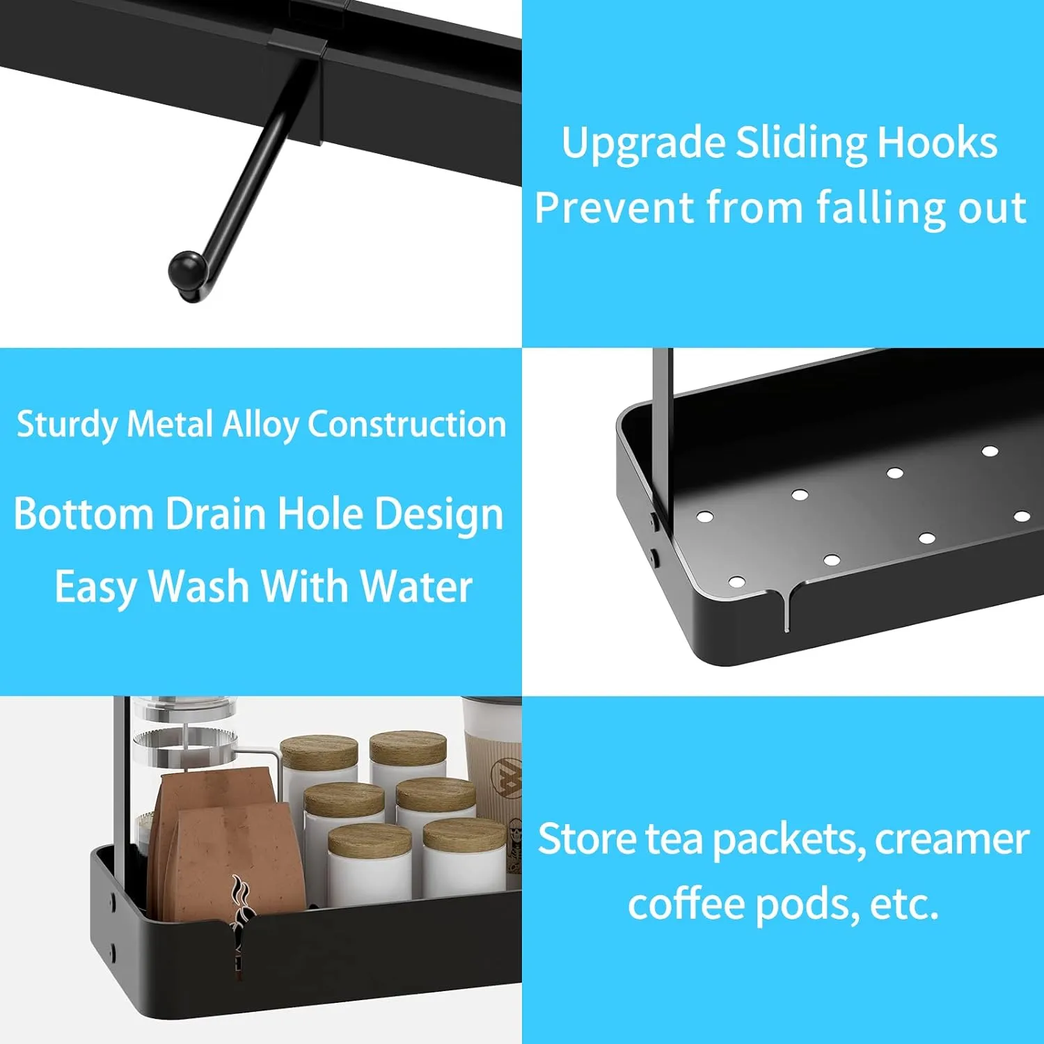 Countertop Coffee Cup Holder with Movable Hooks for 16 Mugs, 2-Tier Rack with Storage Base