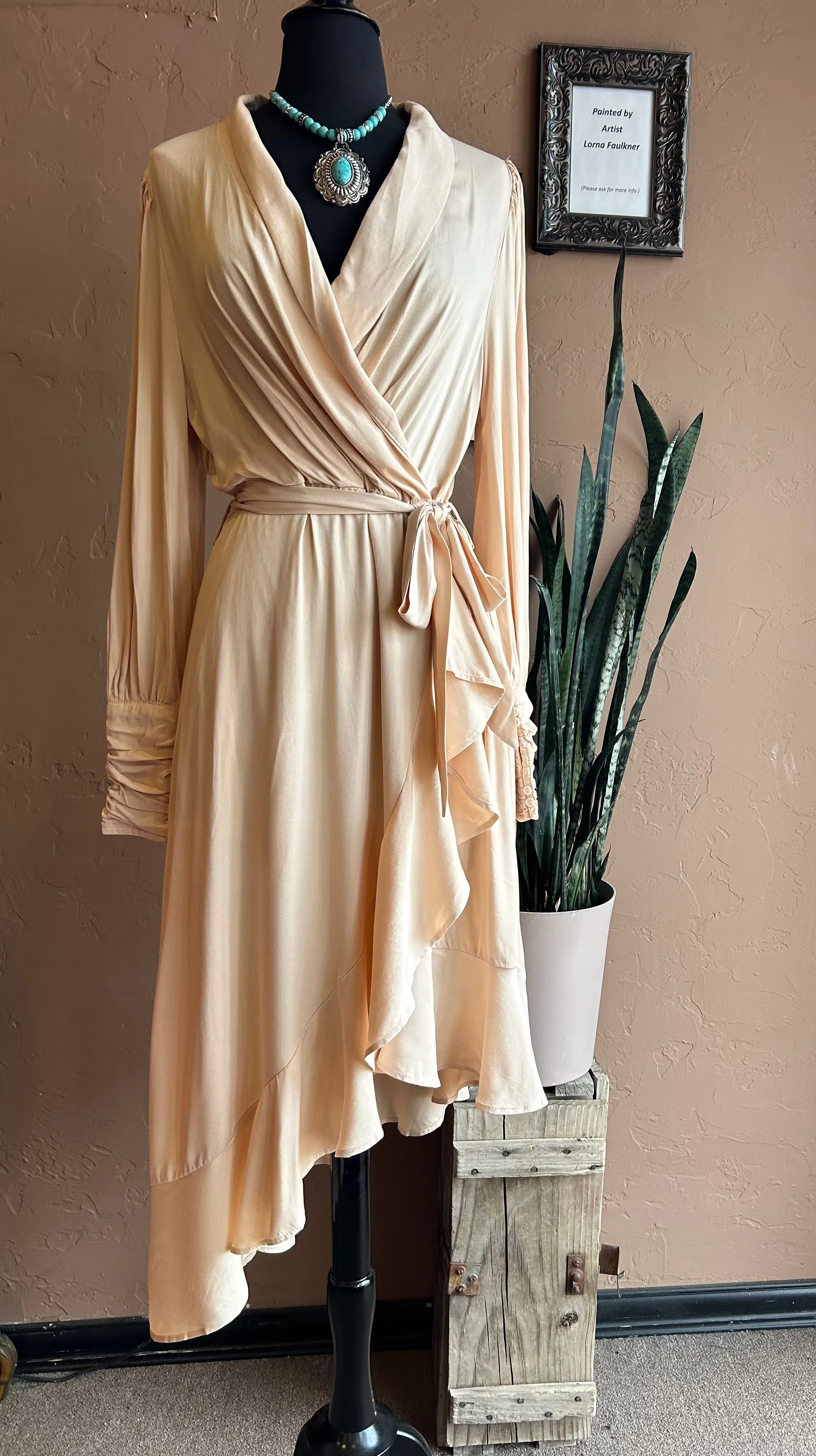 Cream Wrap Long Sleeve Mid Length Dress