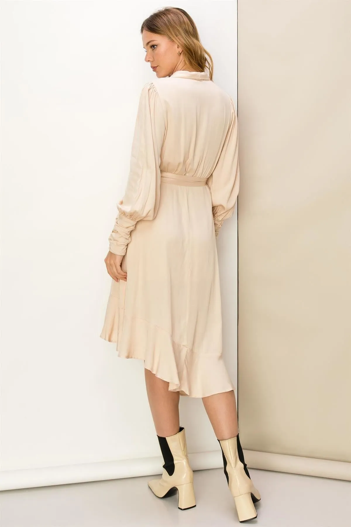 Cream Wrap Long Sleeve Mid Length Dress