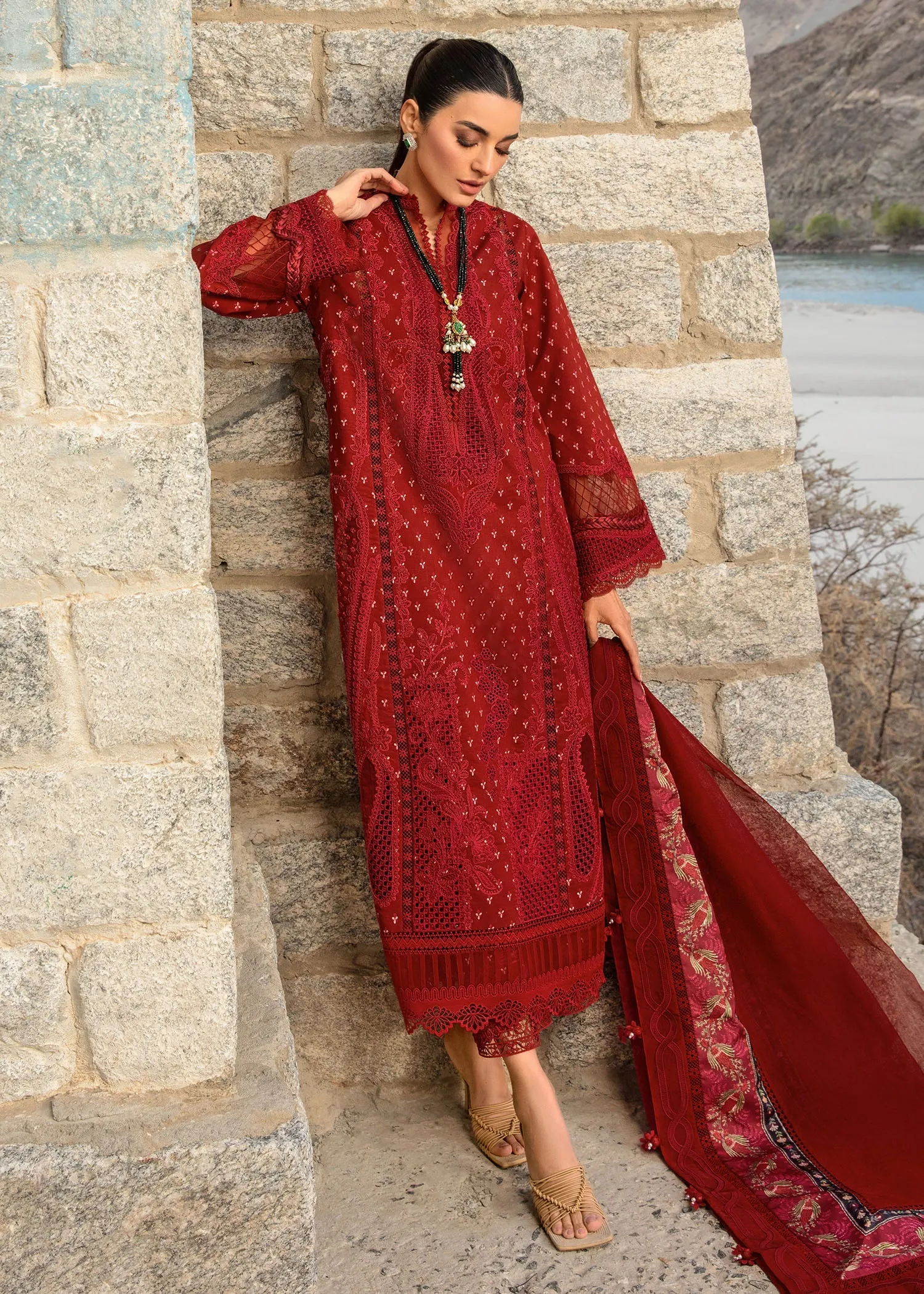 Crimson X Saira Shakira Luxury Lawn – Dancing Paisleys - Ruby