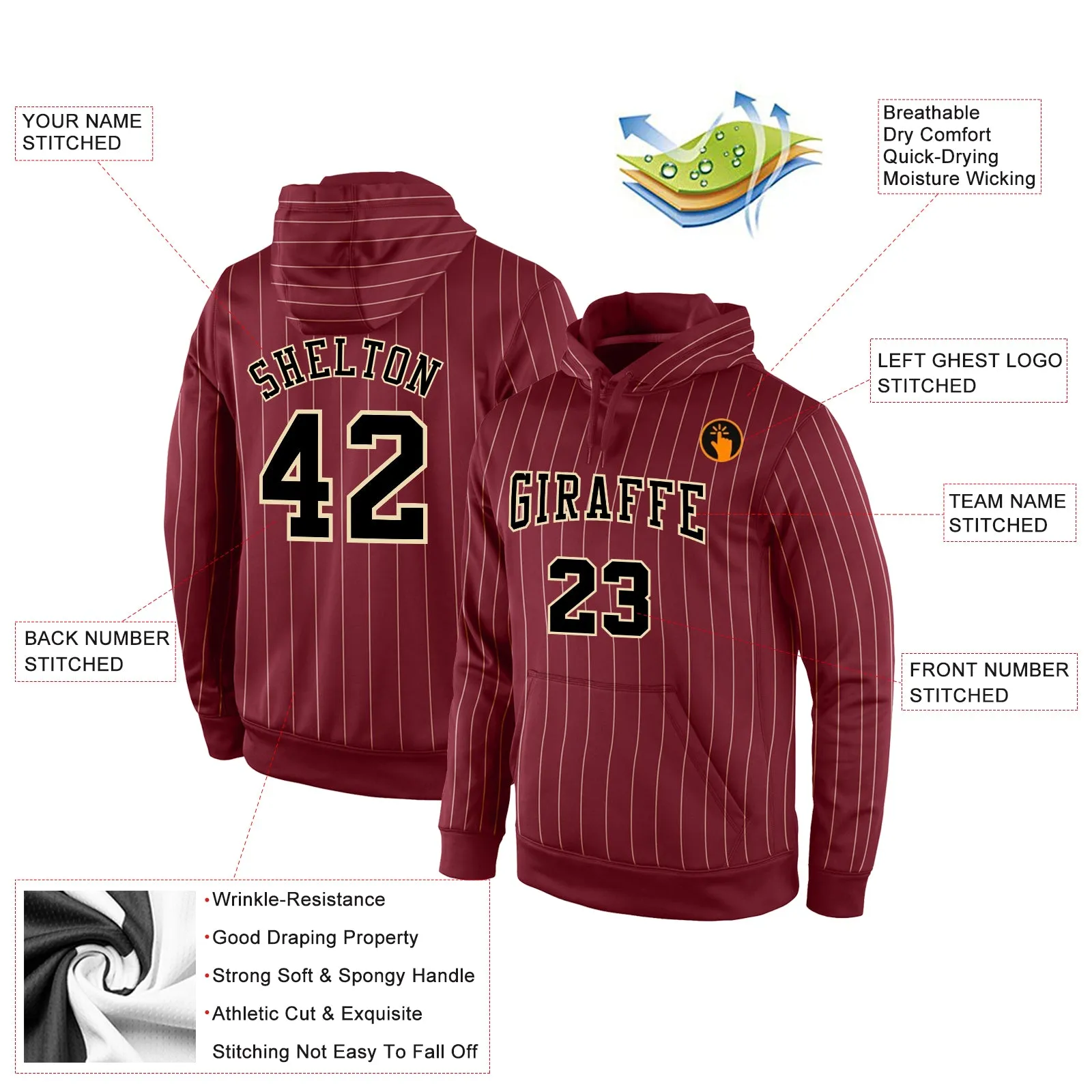 Custom Stitched Burgundy Cream Pinstripe Black-Cream Sports Pullover Sweatshirt Hoodie