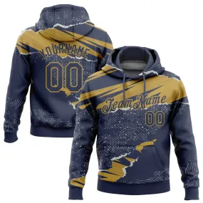 Custom Stitched Navy Old Gold 3D Pattern Design Torn Paper Style Sports Pullover Sweatshirt Hoodie