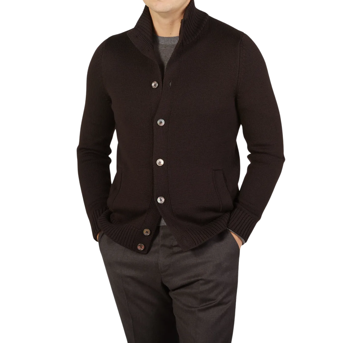 Dark Brown Merino Wool Button Cardigan