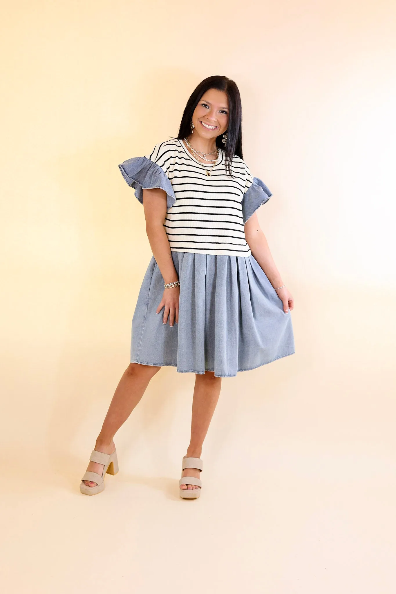 Denim Duo Striped Dress in Cream and Black with Denim