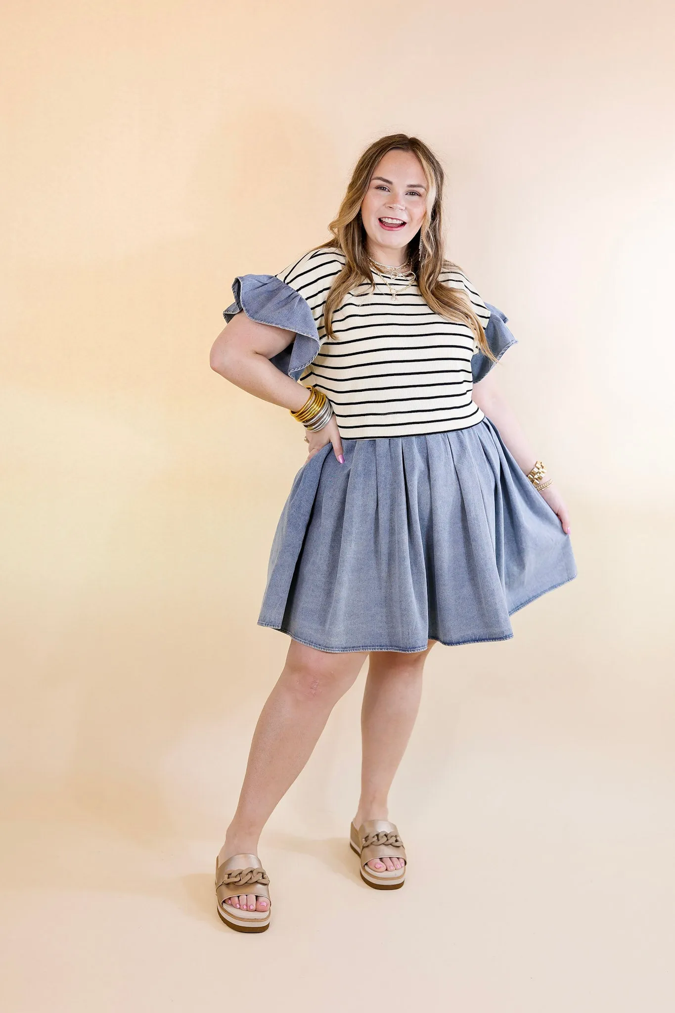 Denim Duo Striped Dress in Cream and Black with Denim