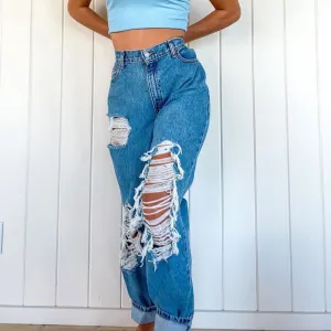 Destroyed Ripped Knee Design High Waist Denim Jeans