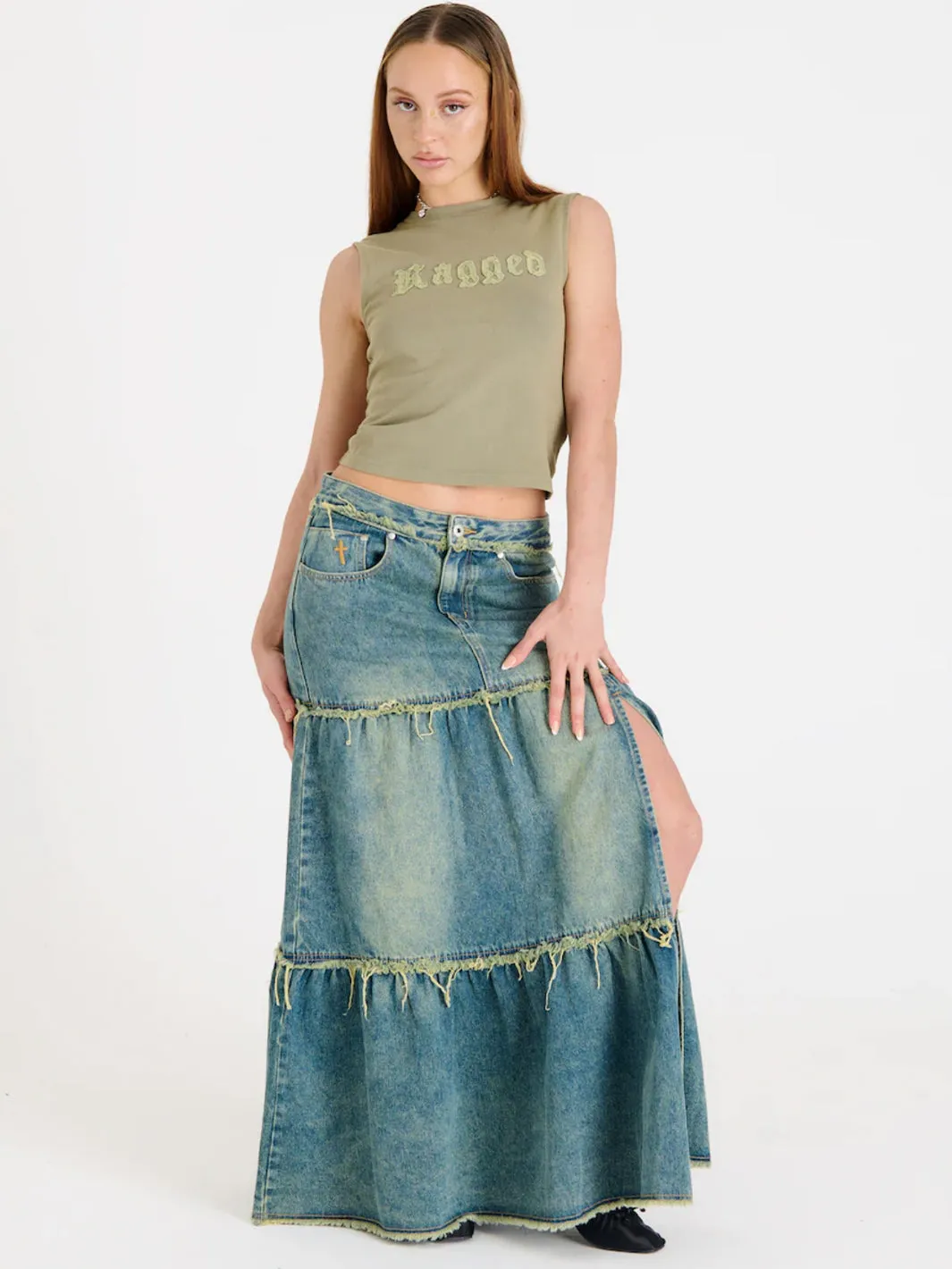 DIRTY WASH TIERED MAXI SKIRT