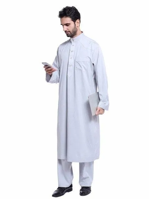 Dubai Arab Islam Muslim Clothing Sets Men Jubba Thobe Solid Kimono Long Robe 2 Piece Set Tops and Pants Saudi Musulman Wear sets