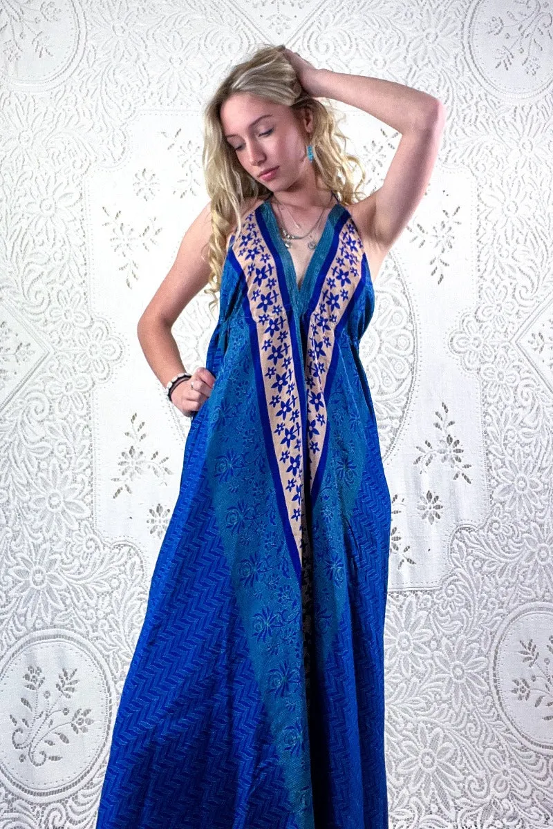 Eden Halter Maxi Dress - Vintage Sari - Dark Blue & Champagne Daisies - Free Size S/M