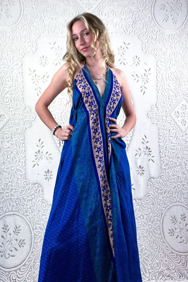 Eden Halter Maxi Dress - Vintage Sari - Dark Blue & Champagne Daisies - Free Size S/M