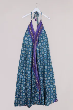 Eden Halter Maxi Dress - Vintage Sari - Marine Blue & Bronze Mosaic - Free Size S - M/L