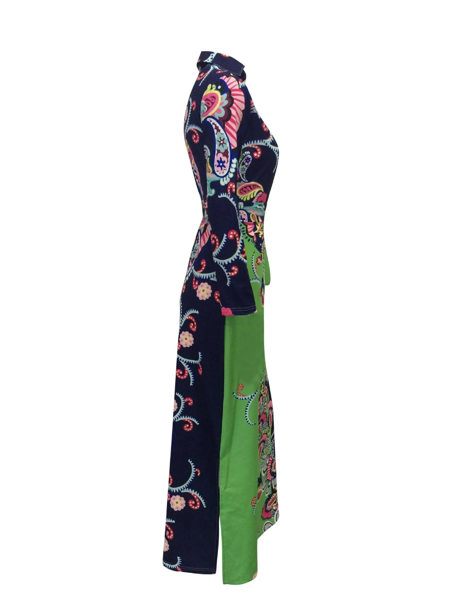 Elegant Floral Print V Neck Long Sleeve Side Split Belted Maxi Long Dress