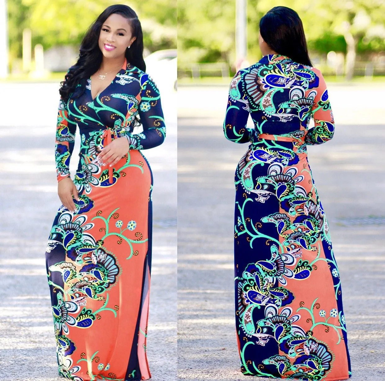 Elegant Floral Print V Neck Long Sleeve Side Split Belted Maxi Long Dress