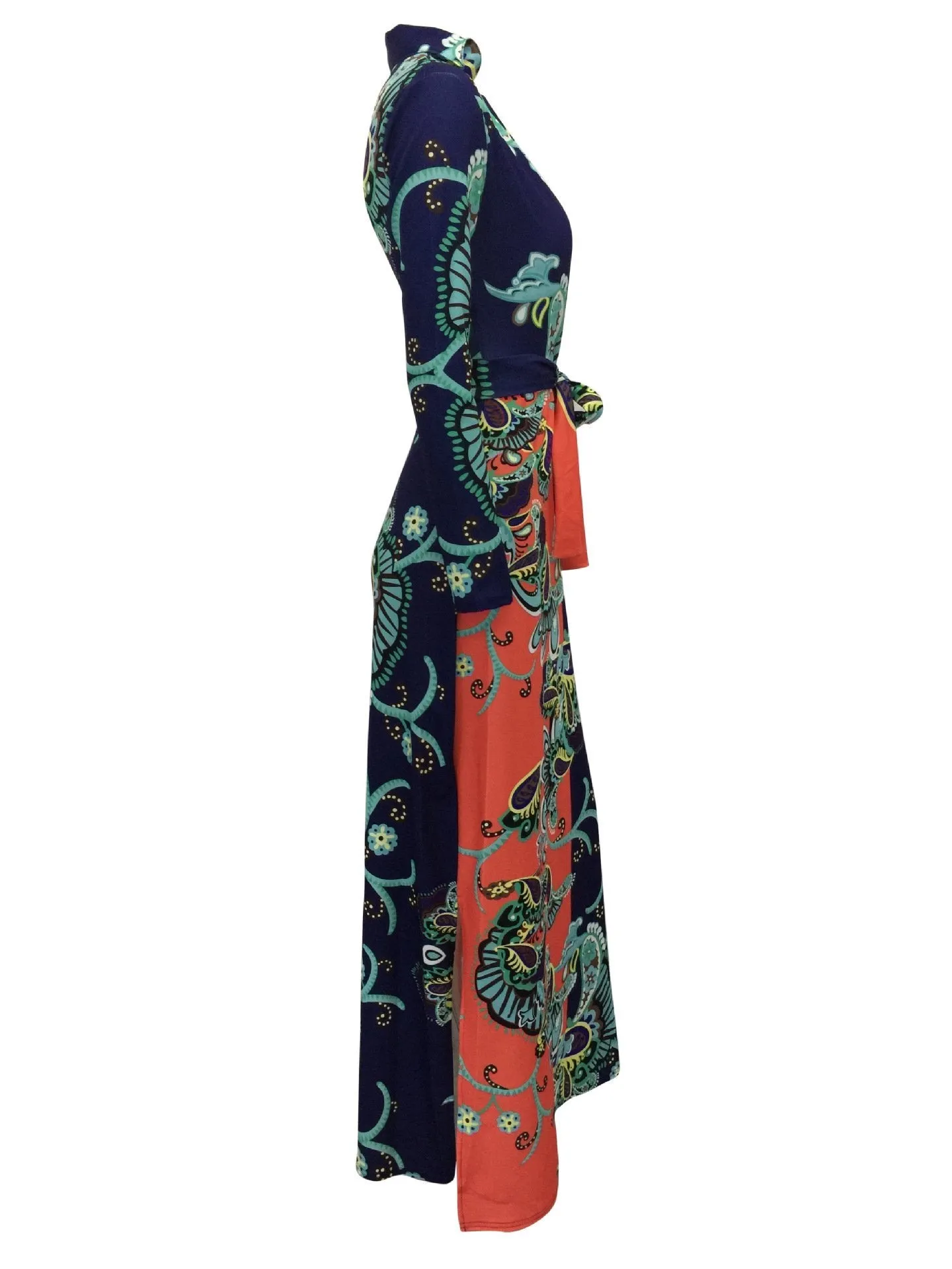 Elegant Floral Print V Neck Long Sleeve Side Split Belted Maxi Long Dress