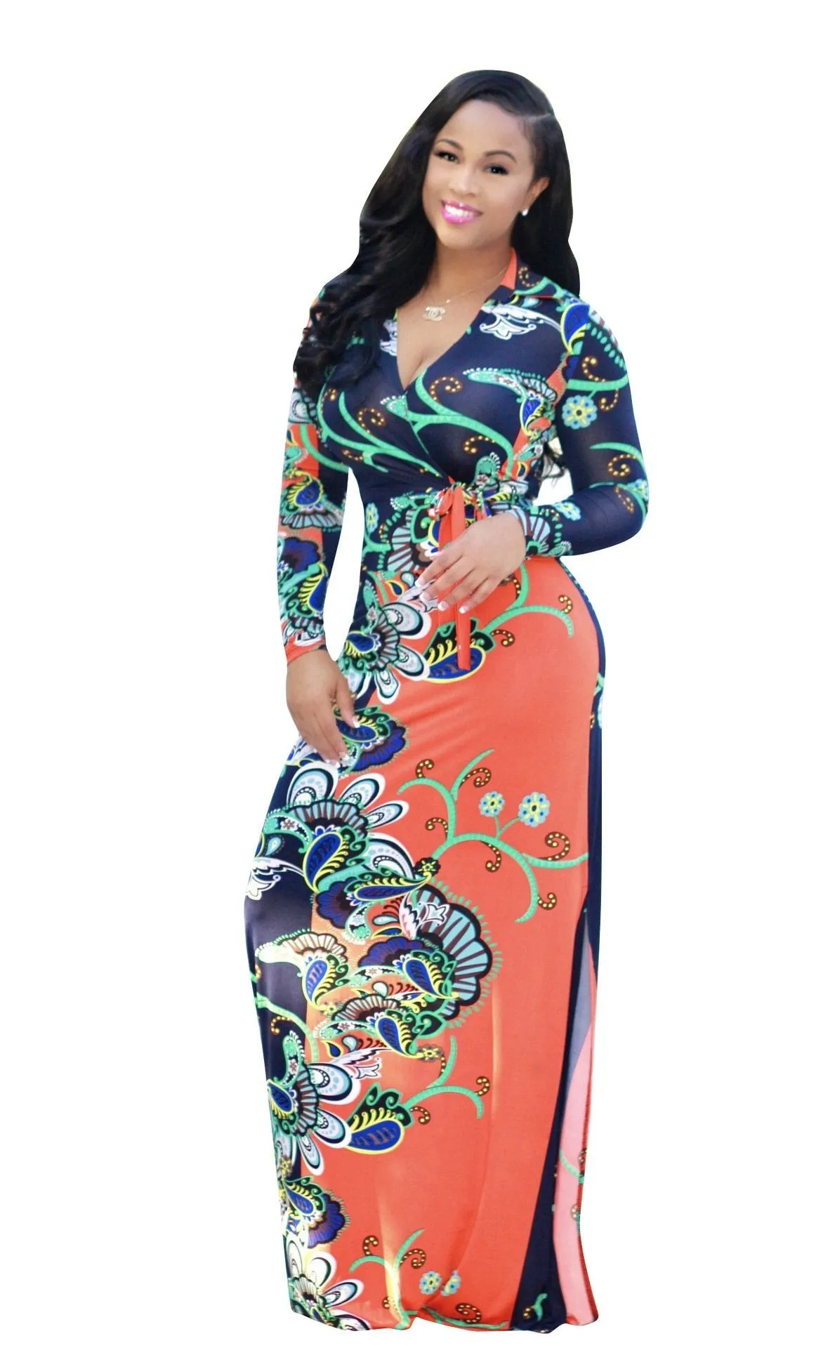 Elegant Floral Print V Neck Long Sleeve Side Split Belted Maxi Long Dress