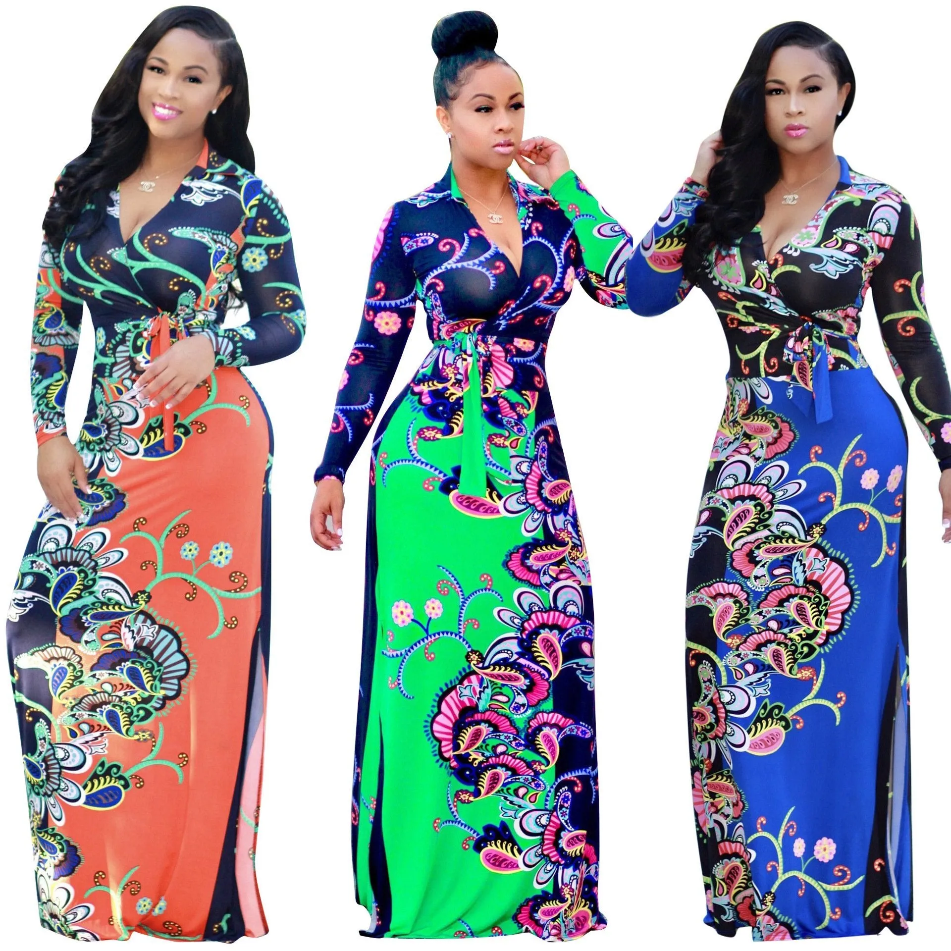 Elegant Floral Print V Neck Long Sleeve Side Split Belted Maxi Long Dress