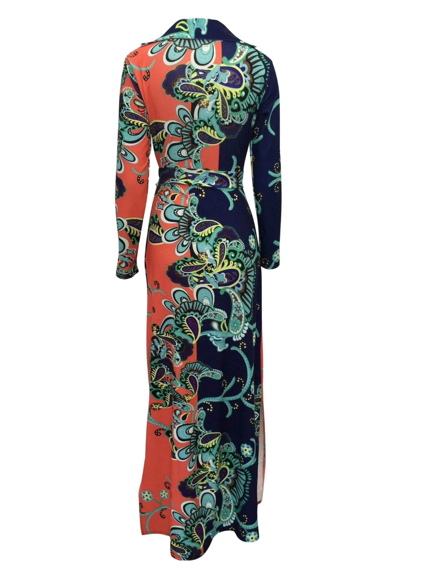 Elegant Floral Print V Neck Long Sleeve Side Split Belted Maxi Long Dress